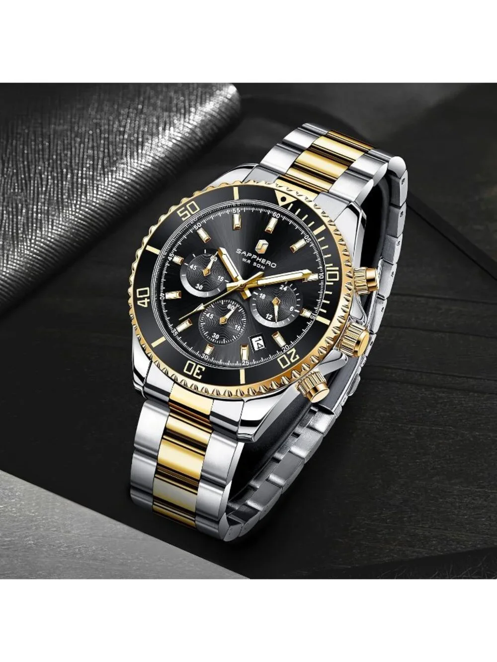 Men's Gold /Black face Chronograph Stainless Steel Waterproof Quartz Wrist Watch